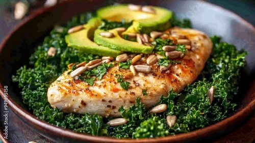 Delicious grilled chicken breast served on a bed of fresh kale, topped with avocado slices and sunflower seeds for a healthy meal.