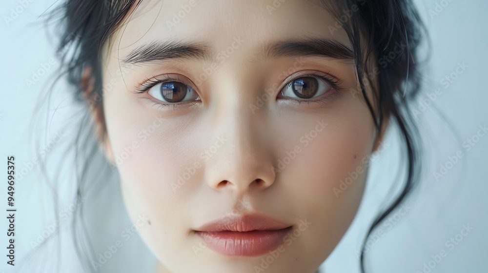 A portrait of an Asian model with radiant skin, using a brightening serum, simple and clean white background, natural light focusing on her luminous complexion, professional beauty shot, hd quality, A portrait of an Asian model with radiant skin, using a brightening serum, simple and clean white background, natural light focusing on her luminous complexion, professional beauty shot, hd quality,