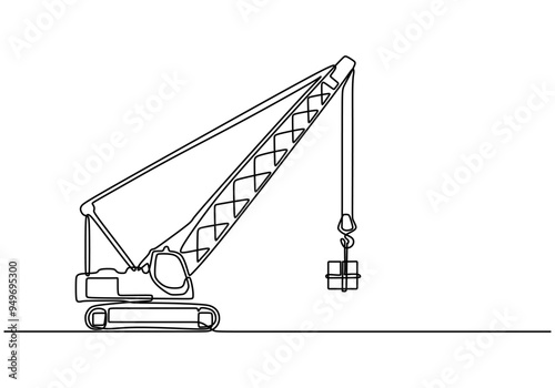 Continuous line vector illustration of a crane construction vehicle