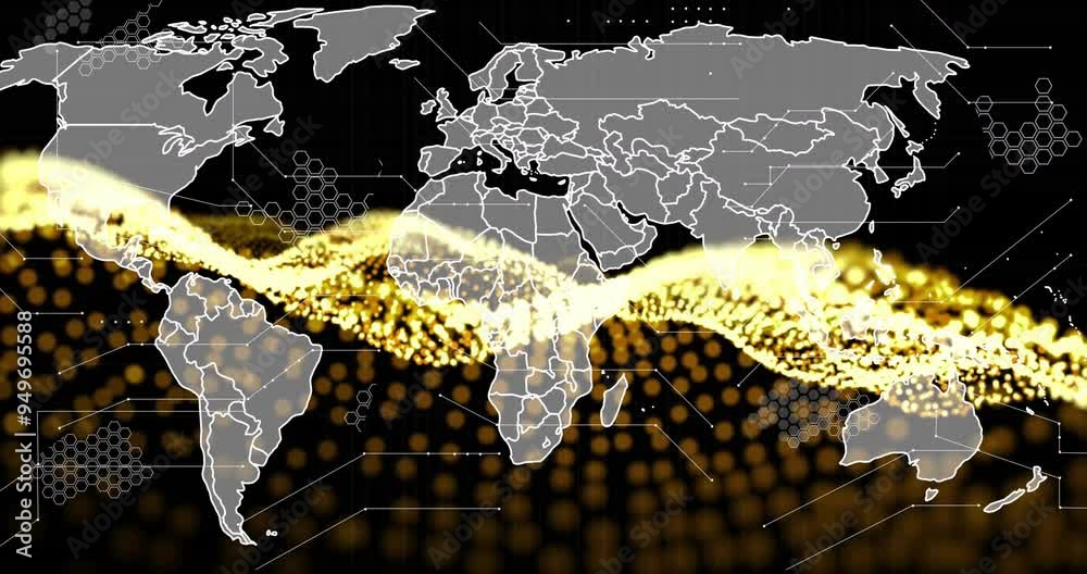 Global data flow animation over world map with yellow and black dots ...