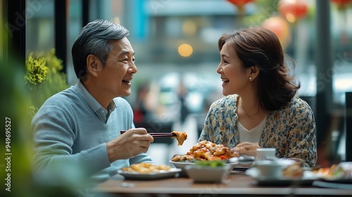 beautiful middle aged couple eating Chinese take away food sitting at a laid table in a city balcony : Generative AI