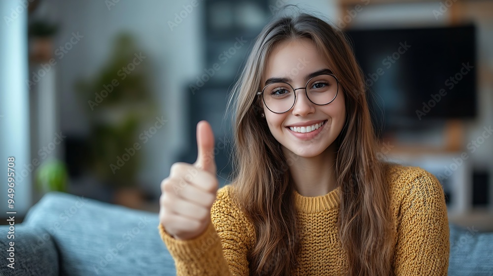 custom made wallpaper toronto digitalPhoto of cheerful adorable girl hr recruiter employer sitting on floor in apartment thumbs up nice cv resume indoors : Generative AI