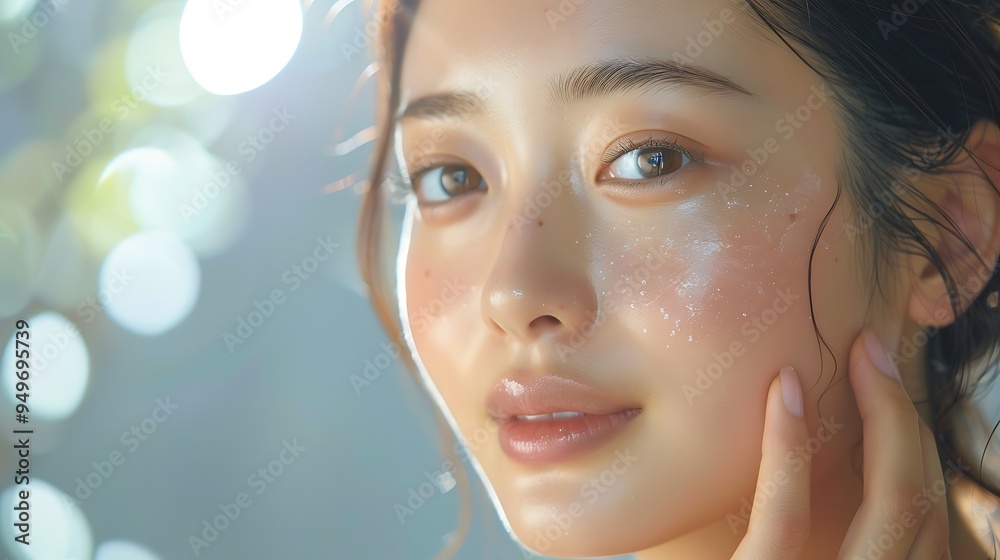 A serene shot of an Asian model applying anti-aging serum, her smooth and youthful skin glowing, soft natural light, clean background, capturing the essence of youthful radiance, hd quality, A serene shot of an Asian model applying anti-aging serum, her smooth and youthful skin glowing, soft natural light, clean background, capturing the essence of youthful radiance, hd quality,