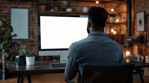 Unrecognizable black businessman using computer with empty blank screen sitting at workplace in office offering space for mockup on monitor Male CEO showing place for online ad : Generative AI