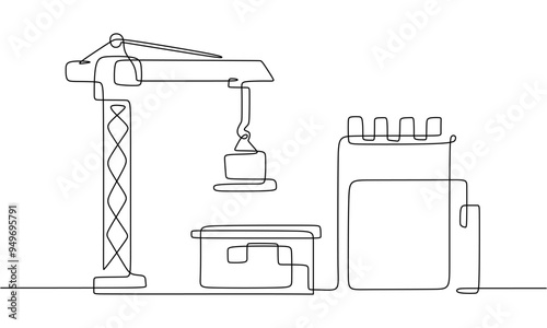 Continuous line art of industrial construction featuring cranes and buildings in sleek vector style photo