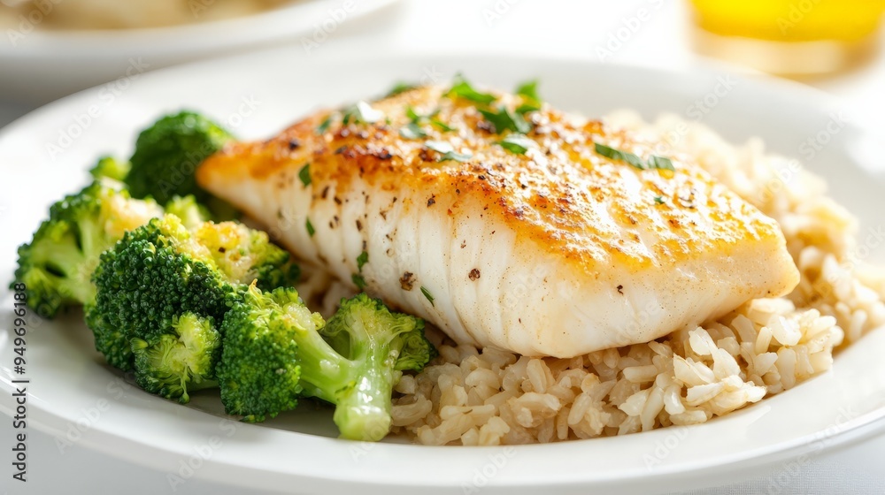 Delicious grilled fish fillet served with steamed broccoli and brown rice, perfect for a healthy lunch or dinner option. Delicious grilled fish fillet served with steamed broccoli and brown rice, perfect for a healthy lunch or dinner option.