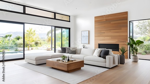 Modern living room with wooden accent wall and minimalist furniture