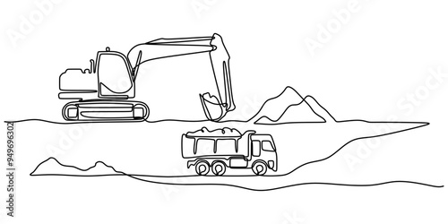 Minimalist vector illustration of loader and dump truck in one line drawing design