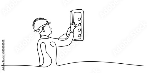 One line vector illustration of an electric technician in an industrial automation setting