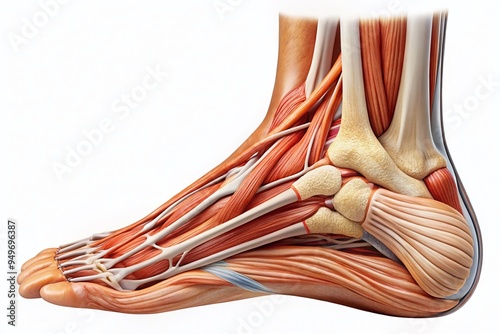 painstakingly detailed close-up peroneal tendon anatomy illustration stark white background crisp sharpness 1:1 macro 90mm f/16 1/200s photo