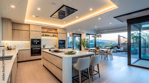 Open-concept kitchen with wooden cabinets and a large island