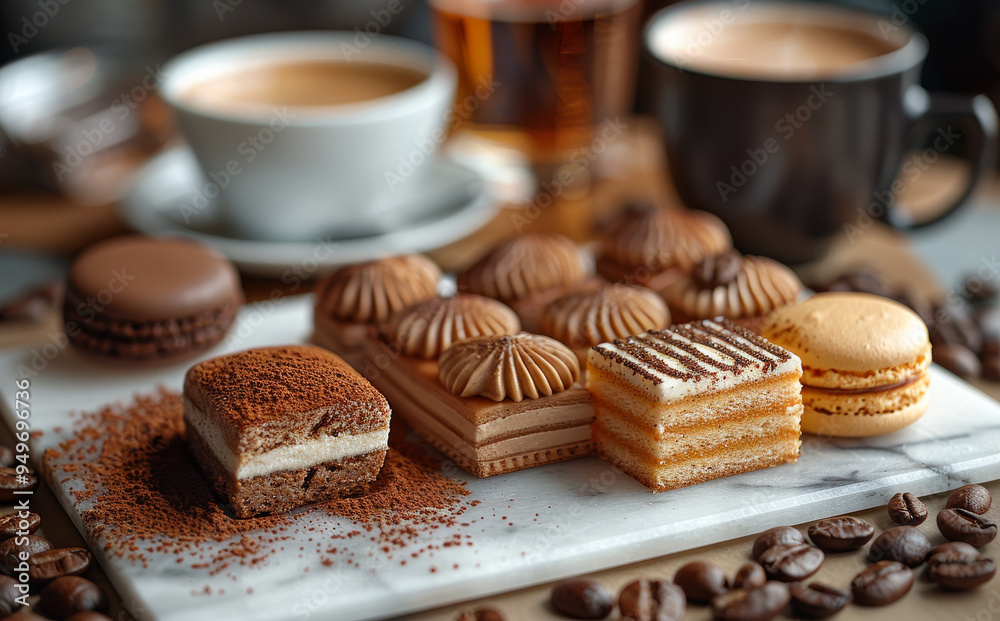 Decadent dessert platter featuring assorted pastries and coffee cups. A delightful array of rich pastries and cookies paired with steaming cups of coffee Decadent dessert platter featuring assorted pastries and coffee cups. A delightful array of rich pastries and cookies paired with steaming cups of coffee
