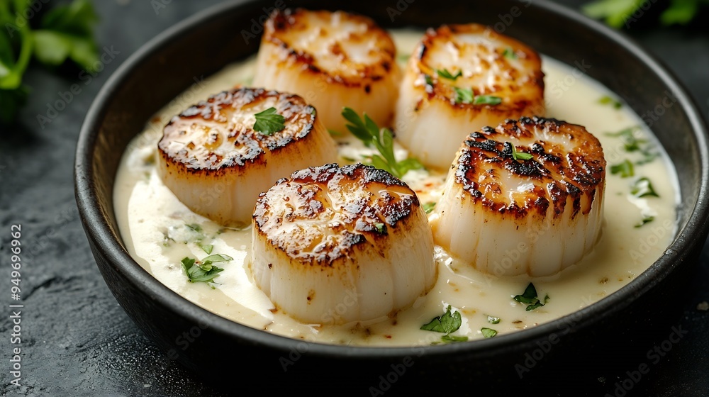 Fancy appetizer of grilled sea scallops in creamy sauce Roasted sea scallops in cheese espuma in ceramic bowl on black concrete background Seafood menu Delicatessen sea scallop on dark : Generative AI Fancy appetizer of grilled sea scallops in creamy sauce Roasted sea scallops in cheese espuma in ceramic bowl on black concrete background Seafood menu Delicatessen sea scallop on dark : Generative AI