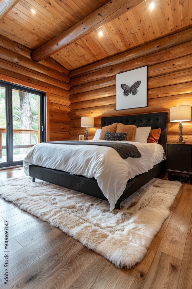 A bedroom featuring wood walls and a spacious bed A bedroom featuring wood walls and a spacious bed