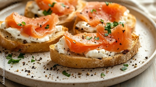 Bruschetta with smoked trout slices and cream cheese on baguette on white plate Top view : Generative AI photo