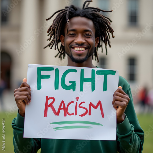 a man holding a sign that says fight racism photo