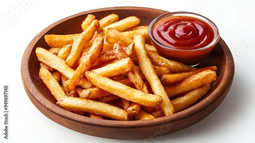 Wooden plate of delicious french fries with ketchup on white background : Generative AI