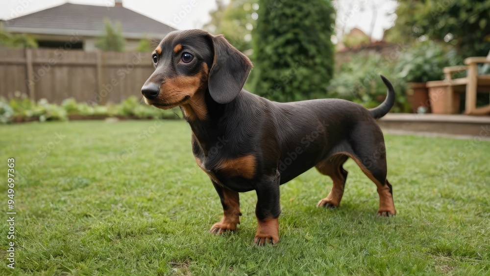 Chocolate and tan smooth haired dachshund dog in the garden Chocolate and tan smooth haired dachshund dog in the garden