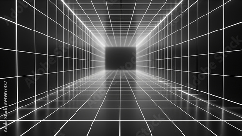 An abstract 3d tunnel with lines. Black and white neon lines tunnel. Realms abstraction. Dark black neon grid background. Futuristic digital background with lights.