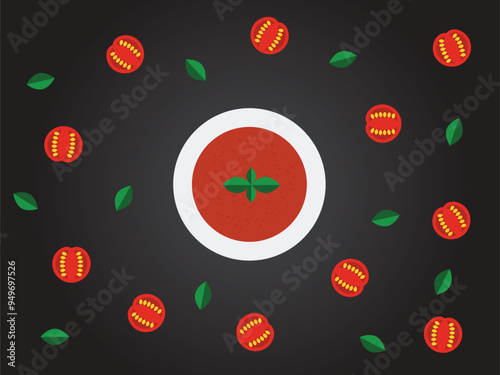Tomato Soup Top View Flat Style. Serving food at restaurant concept vector