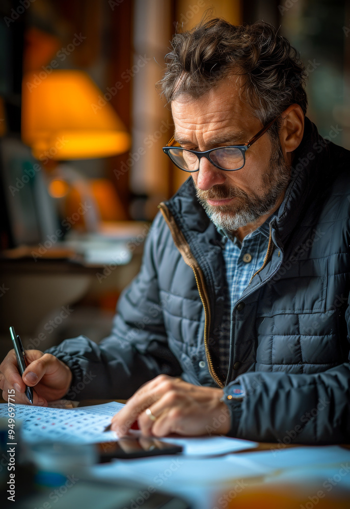 Person taking notes while reviewing docs in a cozy space. A person focused on reviewing printed documents and taking notes in a comfortable indoor space filled with natural light.