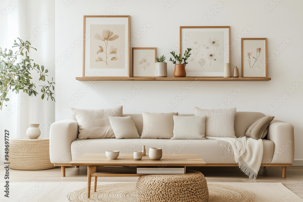 Fototapeta premium A modern living room featuring a sleek grey sofa paired with a warm wooden TV shelf. The shelf is decorated with a mix of modern and Japandi-style elements,