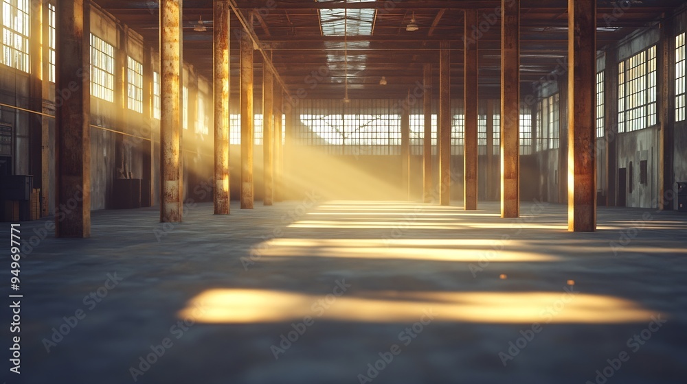 Sunlight Streaming into Empty Rustic Warehouse with Exposed Support Columns : Generative AI Sunlight Streaming into Empty Rustic Warehouse with Exposed Support Columns : Generative AI