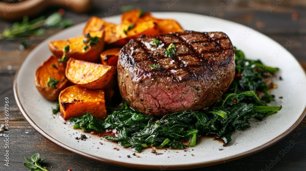 Delicious grilled steak served with roasted sweet potatoes and fresh greens on a plate, garnished with herbs. Perfect for gourmet meals. Delicious grilled steak served with roasted sweet potatoes and fresh greens on a plate, garnished with herbs. Perfect for gourmet meals.