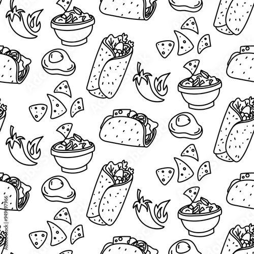 pattern of tacos, burritos, peppers, guacamole, nachos, avocados, painted in black and white. Fast food with various fillings. Mexican spicy cuisine, Latin American fast food. Seamless linear