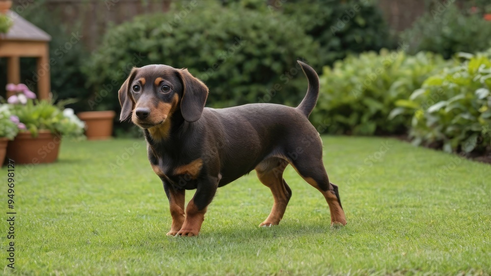 Chocolate and tan smooth haired dachshund dog in the garden Chocolate and tan smooth haired dachshund dog in the garden