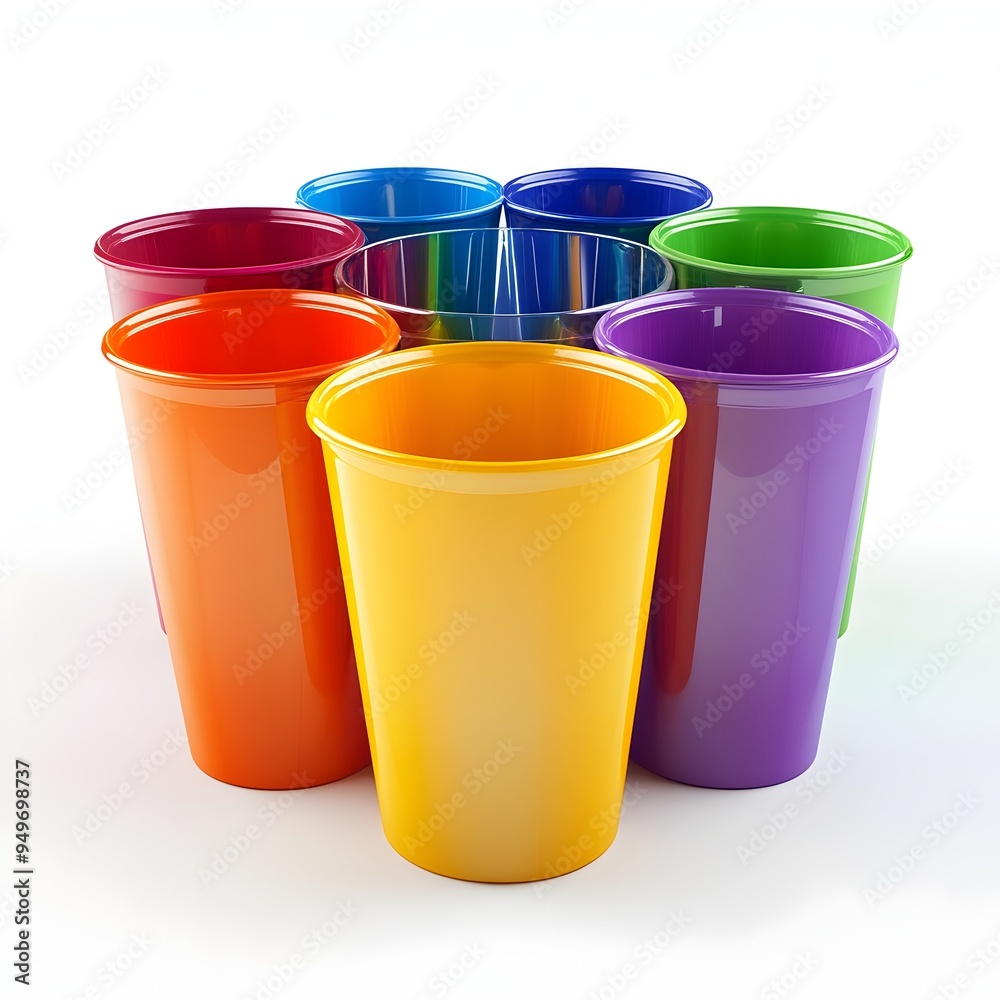 Creatively Arranged Multicolored Plastic Cups in 3D Rendering on White Background Creatively Arranged Multicolored Plastic Cups in 3D Rendering on White Background