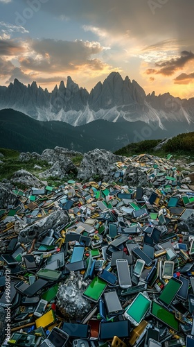 Surreal Landscape of Mountains Formed by Stacked Smartphones photo