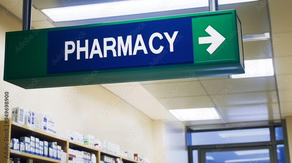 Fototapeta premium Direction to Pharmacy at Hospital Clearly Marked, Arrow Sign Points Right