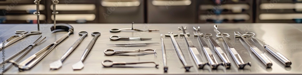 A collection of sterile surgical instruments neatly arranged on a stainless steel table in a medical facility, ready for use in a procedure. A collection of sterile surgical instruments neatly arranged on a stainless steel table in a medical facility, ready for use in a procedure.