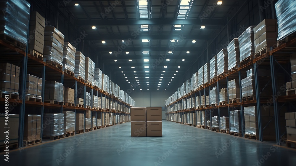 Warehouse hall with boxes and orders Industrial interior of the hall with lighting Logistics distribution industrial interior with gates The work of the marketplace Distribution center : Generative AI Warehouse hall with boxes and orders Industrial interior of the hall with lighting Logistics distribution industrial interior with gates The work of the marketplace Distribution center : Generative AI