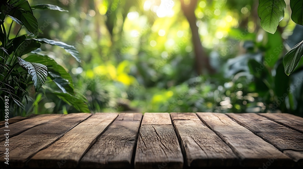 Wood tabletop podium floor in outdoors green leaf tropical forest nature landscape backgroundOrganic healthy natural product present placement pedestal counter displayspring summer jun : Generative AI