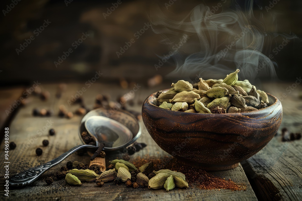 Green Cardamom Seeds in a Bowl On Table With Smoke Effect. Green Cardamom Seeds in a Bowl On Table With Smoke Effect.