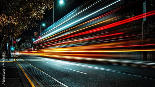 Vibrant light trails of vehicles on a city road at night, capturing the essence of urban movement and energy.