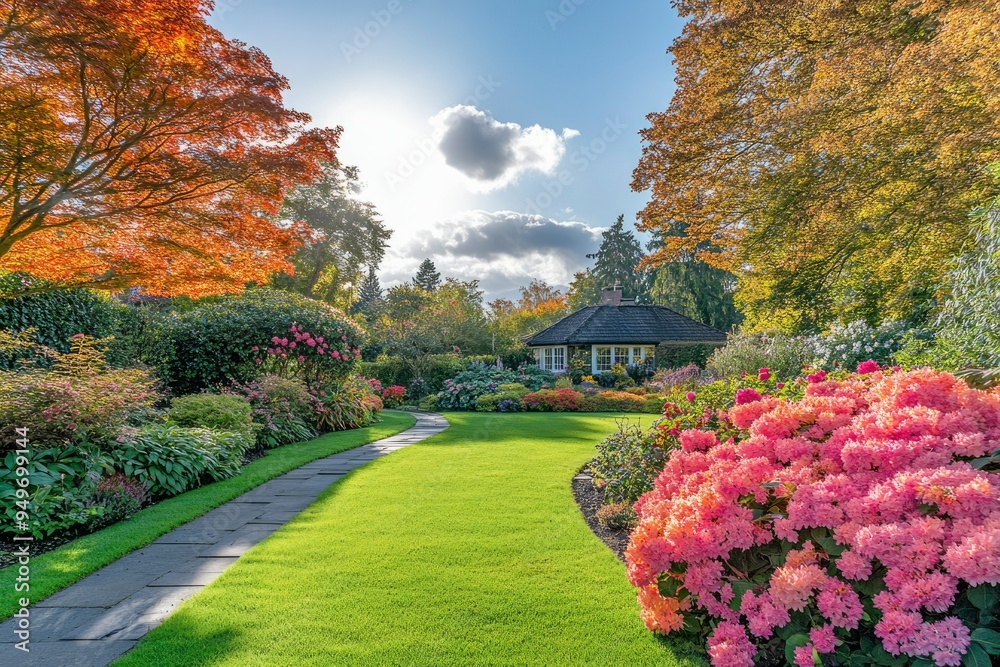 Fototapeta premium Stone Path Leading to a Cottage in a Lush Autumn Garden