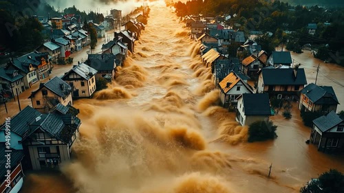 A huge natural disaster shot from the aerial top view--Flood swallows the town, countryside houses are destroyed by the heavy water and collapsed. photo