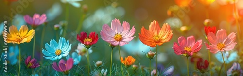 Beautiful spring summer bright natural background with colorful cosmos flowers close up. Pink Cosmos flower close up against blurred background in summer garden