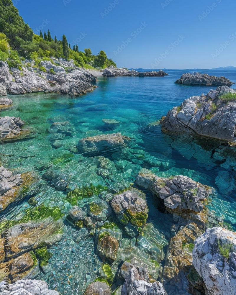Clear turquoise water and rocky shores. AI. Clear turquoise water and rocky shores. AI.