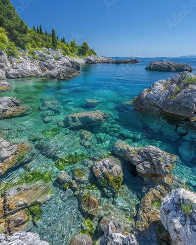 Clear turquoise water and rocky shores. AI.