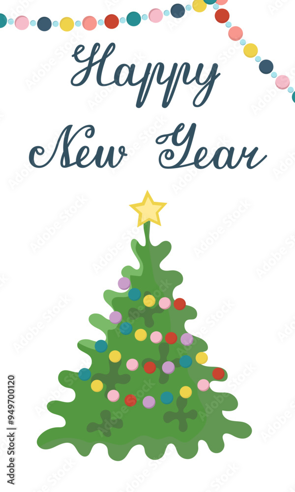 Vector postcard with Christmas tree and garlands. Vertical banner of Happy New Year. Congratulations on winter holidays. Vector postcard with Christmas tree and garlands. Vertical banner of Happy New Year. Congratulations on winter holidays.