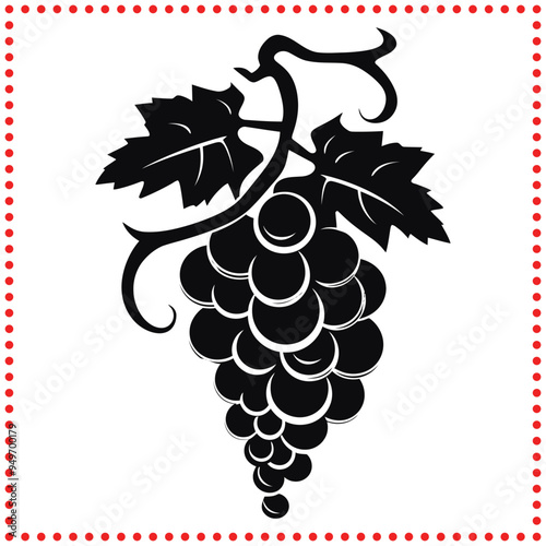 Silhouette of Grape Cluster with Leaves and Tendrils in Vector Art