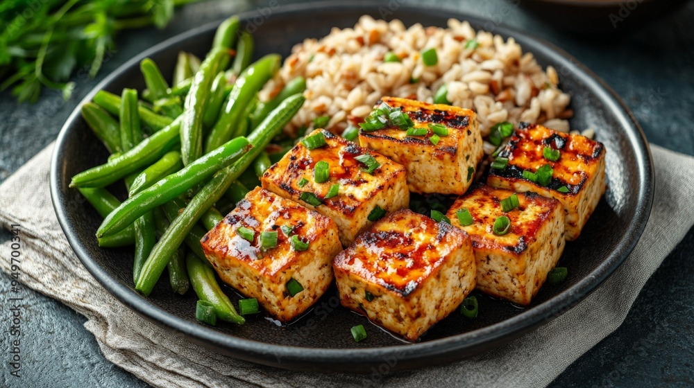 Delicious tofu dish with green beans and rice, served on a black plate for a healthy and balanced meal. Delicious tofu dish with green beans and rice, served on a black plate for a healthy and balanced meal.