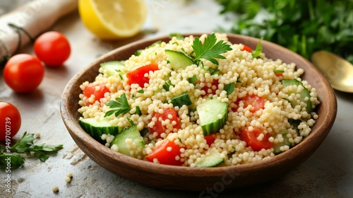 Fresh and healthy couscous salad with tomatoes, cucumbers, and parsley in a wooden bowl on a gray background.