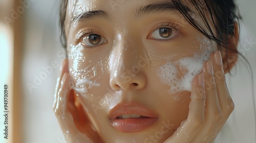 An Asian model gently scrubbing her face with a mild exfoliant, her skin glowing and smooth, soft natural light, minimalist background, capturing the renewal and freshness of the skincare routine,