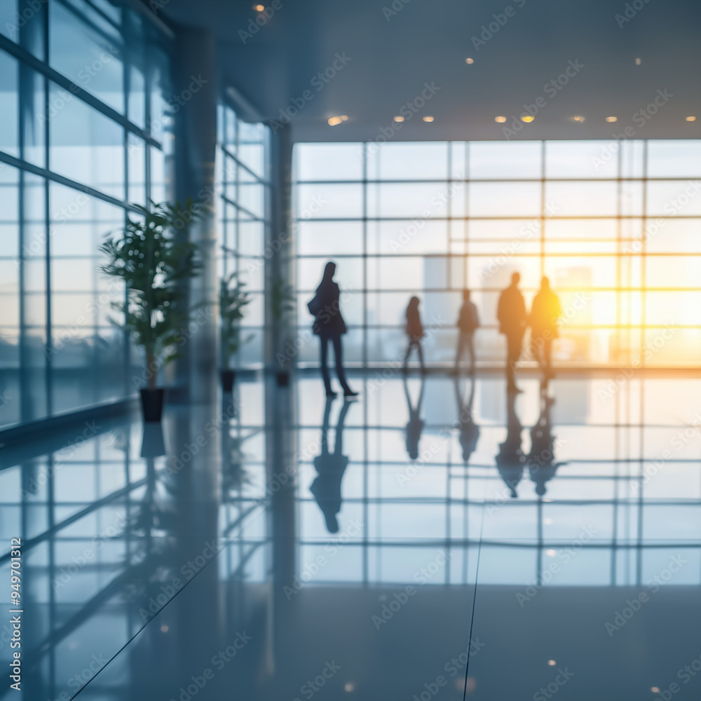 Silhouettes à contre-jour de personnes dans un hall moderne avec de grandes vitres, illuminées par la lumière du coucher du soleil, créant une ambiance professionnelle et sophistiquée Silhouettes à contre-jour de personnes dans un hall moderne avec de grandes vitres, illuminées par la lumière du coucher du soleil, créant une ambiance professionnelle et sophistiquée