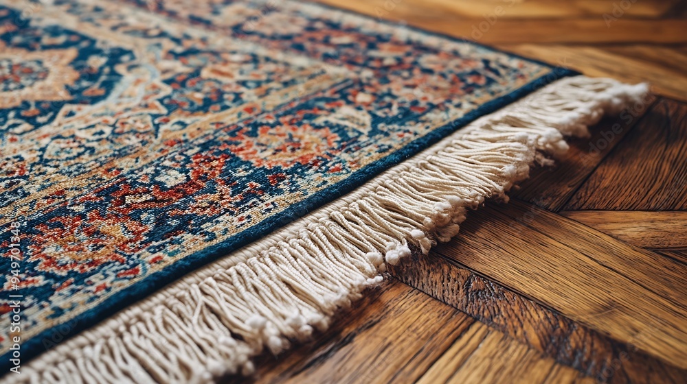 decorative persian rug with cotton fringe on laminated wood flooring : Generative AI decorative persian rug with cotton fringe on laminated wood flooring : Generative AI